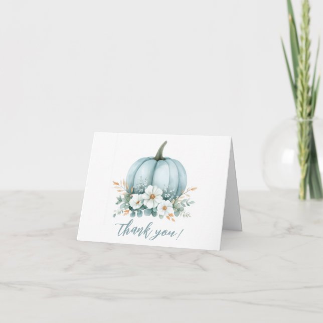 Fall Blue Pumpkin Floral Eucalyptus Baby Shower Thank You Card (Front)