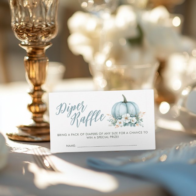 Fall Blue Pumpkin Floral Eucalyptus Diper Raffle Enclosure Card (Diaper raffle card with blue pumpkin and flowers, text reads "Bring a pack of diapers.")