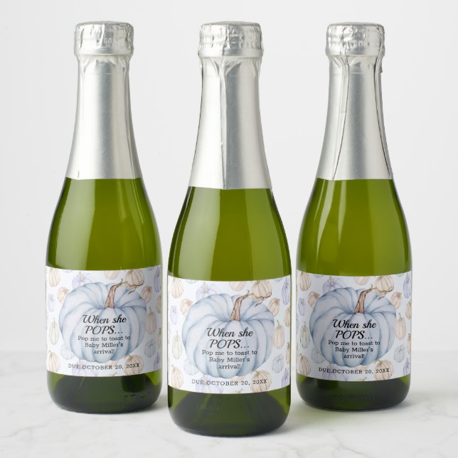 Fall Blue Pumpkin It's A Boy Baby Shower Mini Sparkling Wine Label (Bottles)