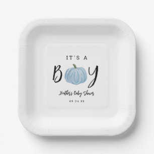 Fall Blue Pumpkin It's A Boy Baby Shower Paper Plate