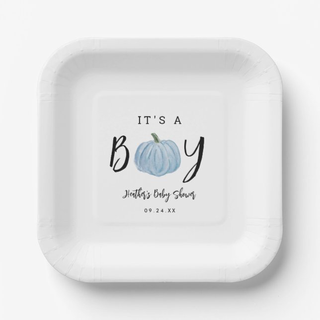 Fall Blue Pumpkin It's A Boy Baby Shower  Paper Plate (Front)