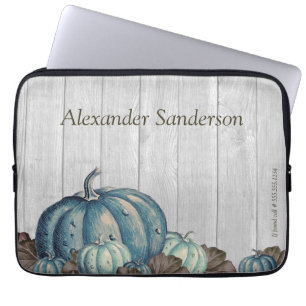 Fall Blue Pumpkin Rustic Cute Grey Wood Bath Mat Laptop Sleeve