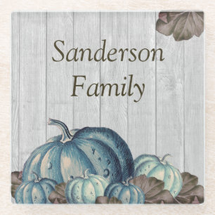 Fall Blue Pumpkin Rustic Cute Grey Wood Glass Coaster