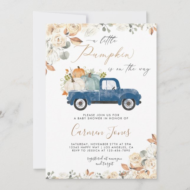 Fall Blue Pumpkin Truck Baby Shower Invitation (Front)