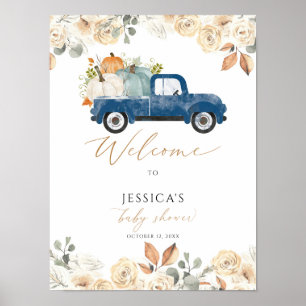 Fall Blue pumpkin truck baby shower welcome sign