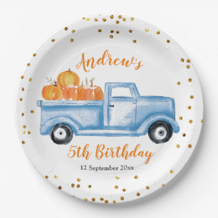 fall blue pumpkin truck paper plate