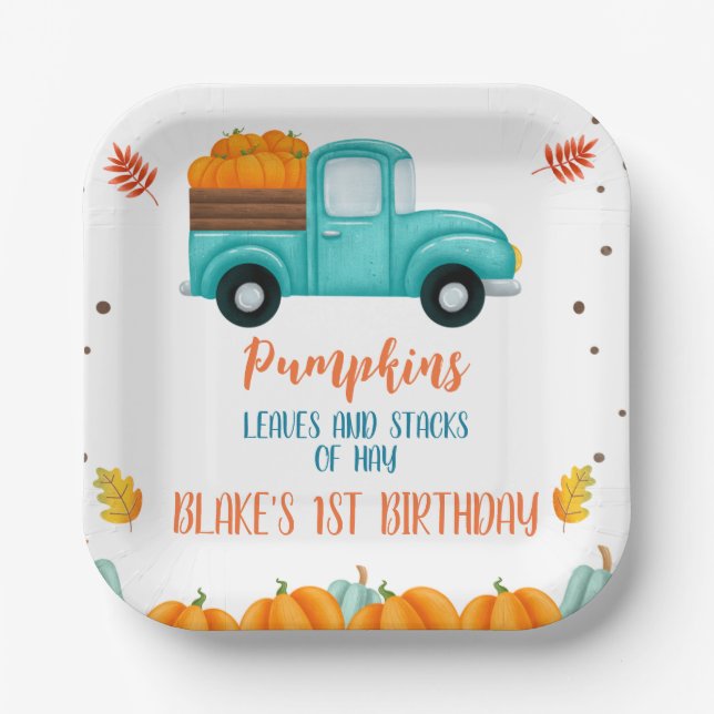 Fall Blue Truck Orange Pumpkin Boys Birthday Paper Plate (Front)