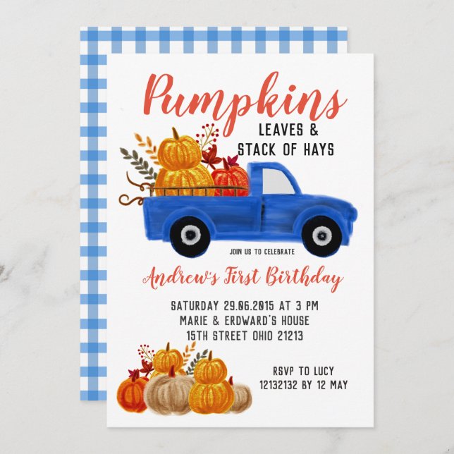 Fall Blue Truck Pumpkin Birthday invitation (Front/Back)