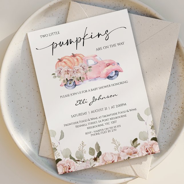 Fall Blush Twin Feminine Pumpkin Baby Shower Invitation (Girl Twin Little Pumpkins Baby Shower Invitation Template, Feminine Fall Little Pumpkins Baby Shower)