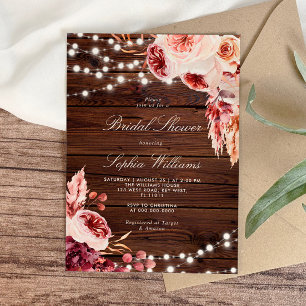 Fall Bohemian Rose Rustic Wood Bridal Shower Invitation