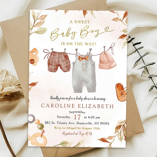Fall Bohemian Warm Tone Boy Clothes Baby Shower Invitation (Creator Uploaded)