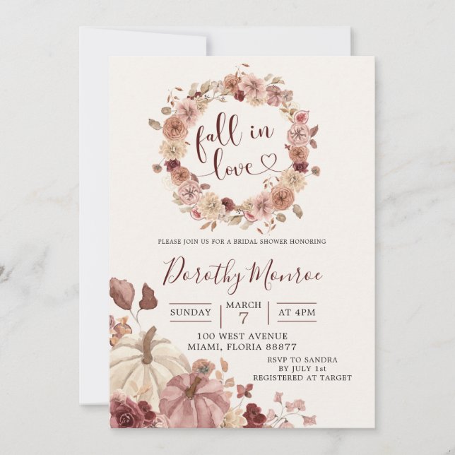 Fall Boho Blush and Marsala Floral Pumpkin Shower  Invitation (Front)