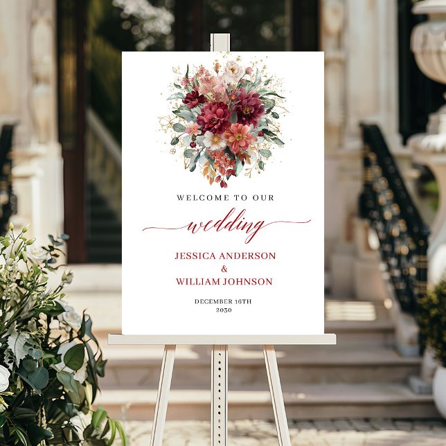 Fall Boho Burgundy Flowers Marsala Greenery Welcom Poster (Fall Boho Burgundy Flowers Marsala Greenery Welcome Sign

)