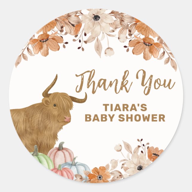 Fall Boho Floral Highland Cow Baby Shower  Classic Round Sticker (Front)