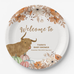 Fall Boho Floral Highland Cow Baby Shower Welcome Paper Plate