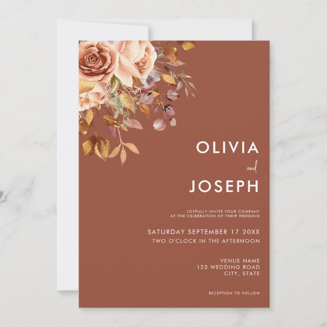 Fall Boho Floral Simple Modern Wedding Invitation (Front)