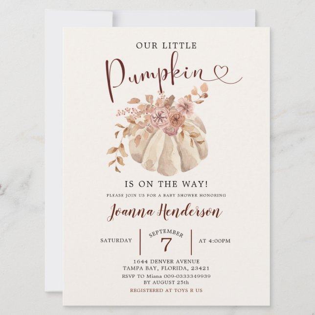Fall Boho Floral White Pumpkin Is On The Way Baby  Invitation (Front)