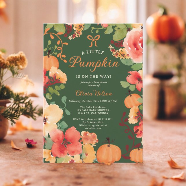 Fall Boho Little pumpkin green floral baby shower Invitation (Fall Boho Little pumpkin green floral baby shower Invitation)