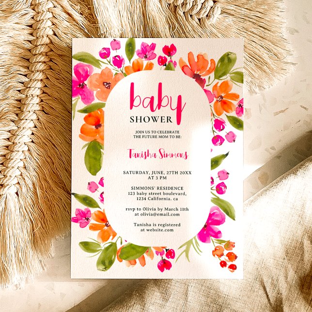 Fall boho pink orange floral script baby shower invitation (Fall boho pink orange floral script baby shower invitation)