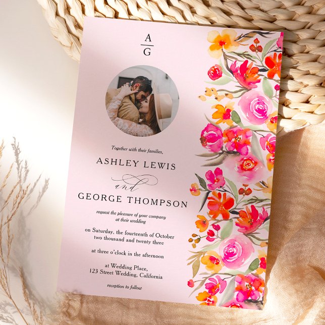 Fall boho red orange floral initials photo wedding invitation (Creator Uploaded)