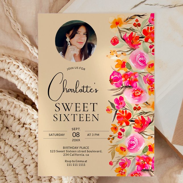Fall boho red orange floral photo Sweet 16 Invitation (Fall boho red orange floral photo Sweet 16 Invitation on yellow)