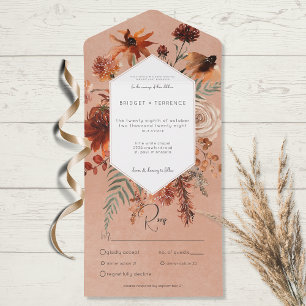Fall Boho Rust & Peach Floral Frame Dinner All In One Invitation