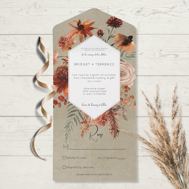 Fall Boho Rust & Peach Floral Frame Sage No Dinner All In One Invitation (Creator Uploaded)