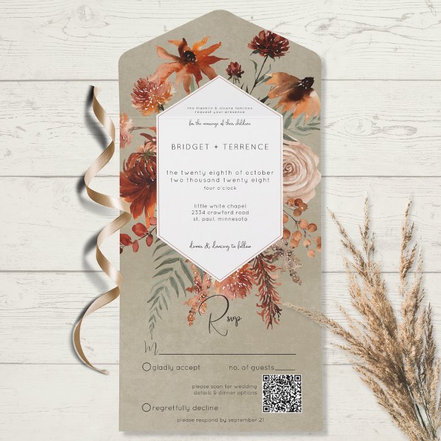 Fall Boho Rust & Peach Floral Frame Sage QR Code All In One Invitation (Creator Uploaded)