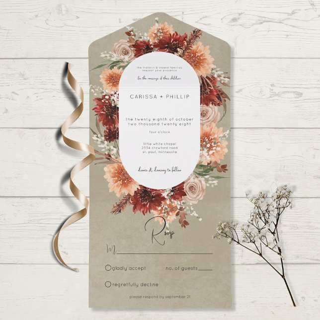 Fall Boho Rust & Peach Floral Oval Sage No Dinner All In One Invitation (Creator Uploaded)