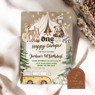 Fall Boho Woodland Boy Happy camper 1st Birthday Invitation