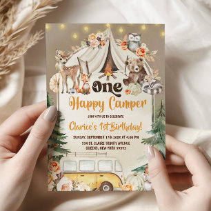 Fall Boho Woodland Forest Happy Camper Birthday Invitation