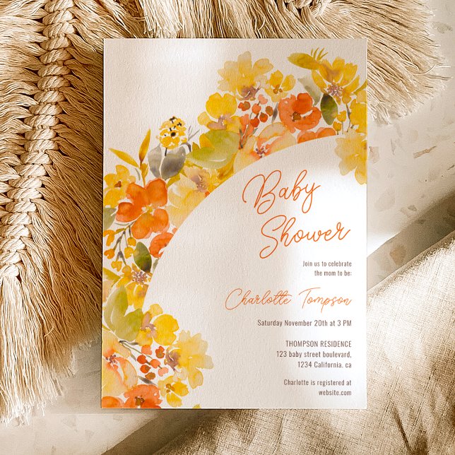 Fall boho yellow flowers script baby shower invitation (Fall boho yellow flowers script baby shower invitation on white)
