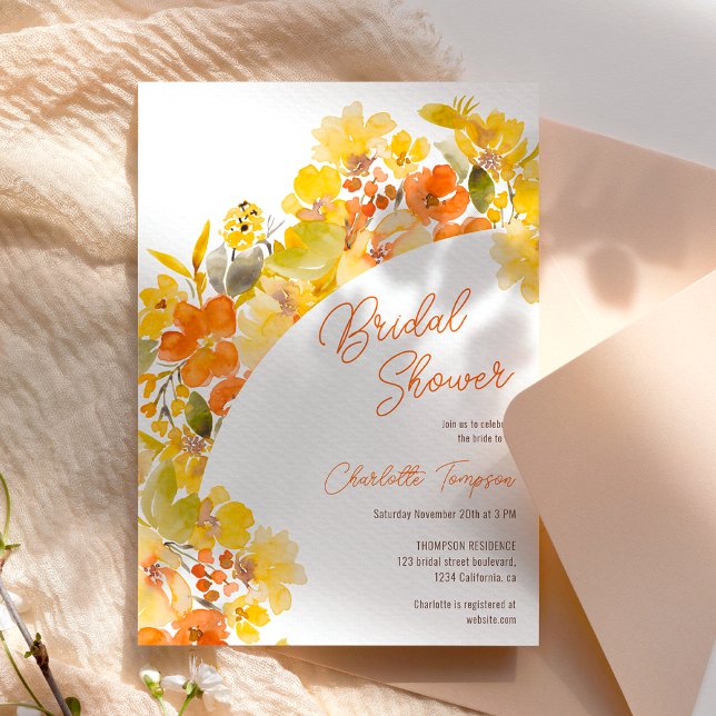 Fall boho yellow flowers script bridal shower invitation (Fall boho yellow flowers script bridal shower invitation)