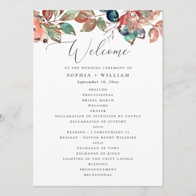 Fall Botanical Wedding | Watercolor Berry Leaves Programme (Front)