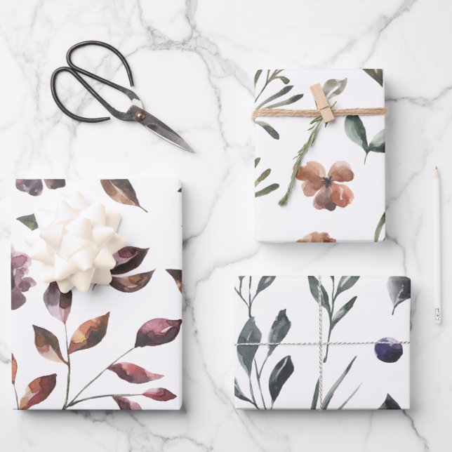 Fall Botanical Wrapping Paper Flat Sheet Set of 3 (Front)