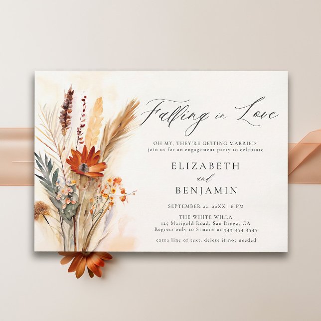 Fall Bouquet Romantic Love Chic Engagement Party Invitation (fall engagement party invitation falling in love floral bouquet rust burnt orange watercolor elegant)