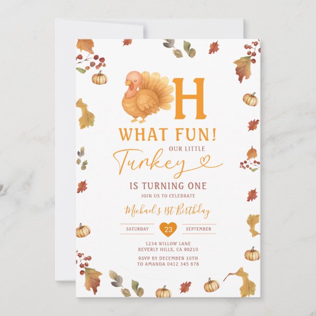 Fall Bow Oh what Fun! Turkey 1st Birthday Leaves Invitation (Front)