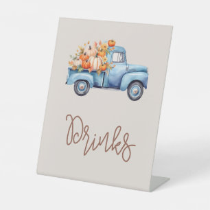 Fall Boy Baby Shower Blue Pumpkin Truck Drinks Pedestal Sign
