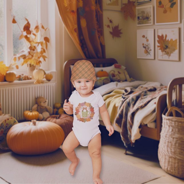 Fall Break Cat Wreath Baby Bodysuit (A baby boy wears the Fall Break Cat Wreath Baby Bodysuit.)