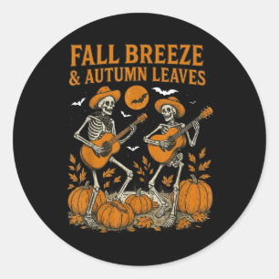 Fall Breeze And Autumn Leaves Skeleton Playing Gui Classic Round Sticker