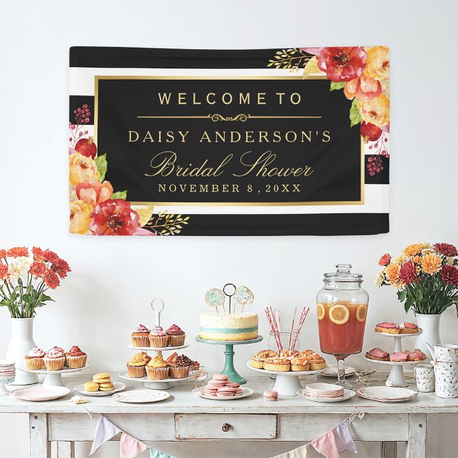 Fall Bridal Shower Autumn Gold Red Floral Stripes Banner (Creator Uploaded)