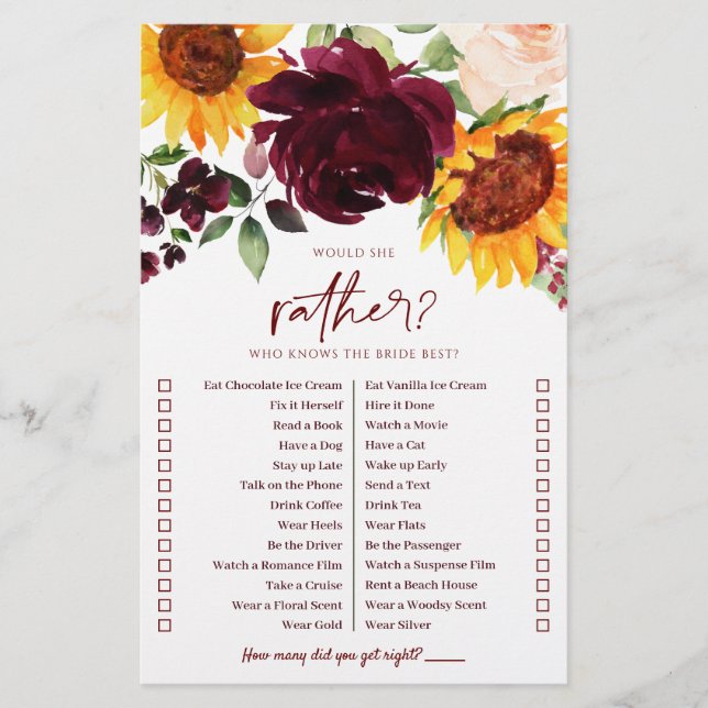 Fall Bridal Shower Game Who Knows Bride Sunflowers (Front)