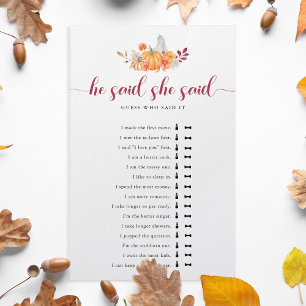 Fall Bridal Shower Pumpkin He Said She Said Game Flyer