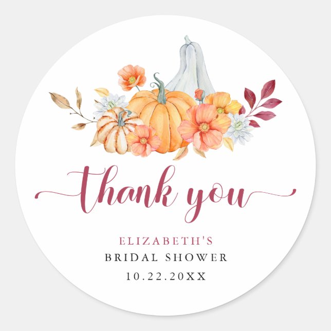 Fall Bridal Shower Pumpkin Script Thank You Classic Round Sticker (Front)