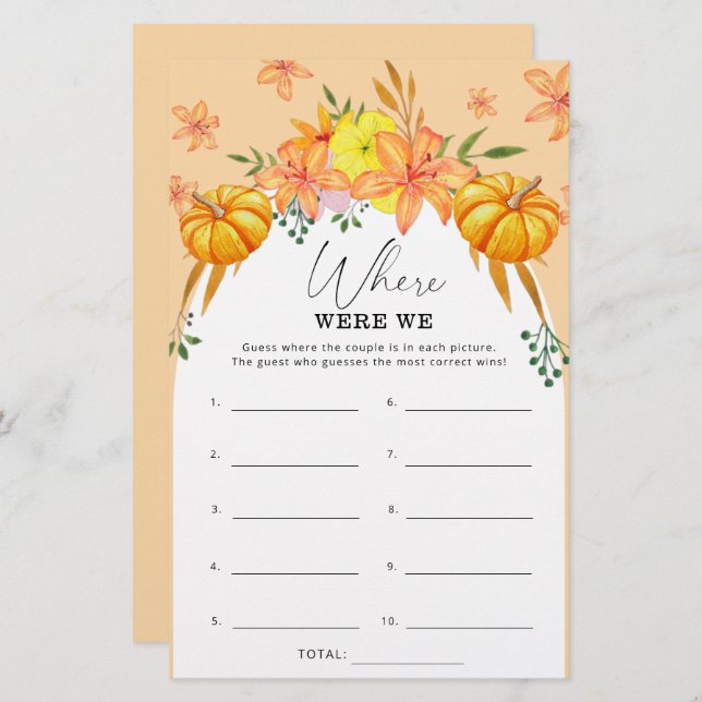 Fall Bridal shower Pumpkin Where were we game (Front/Back)