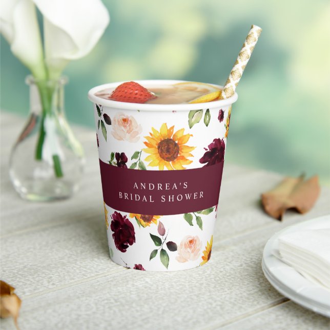 Fall Bridal Shower Sunflowers and Roses Floral Paper Cups (Insitu)