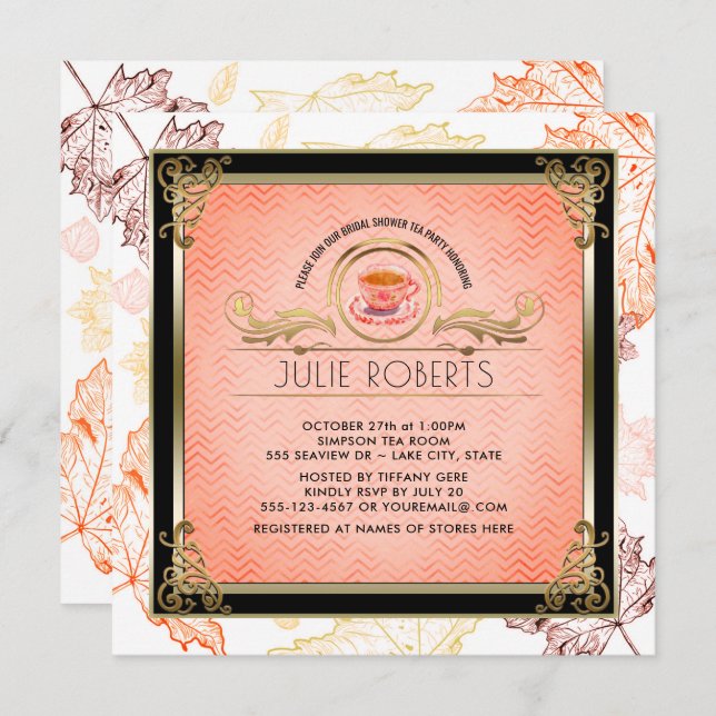 Fall Bridal Shower Tea Party Autumn Leaves Invitation (Front/Back)