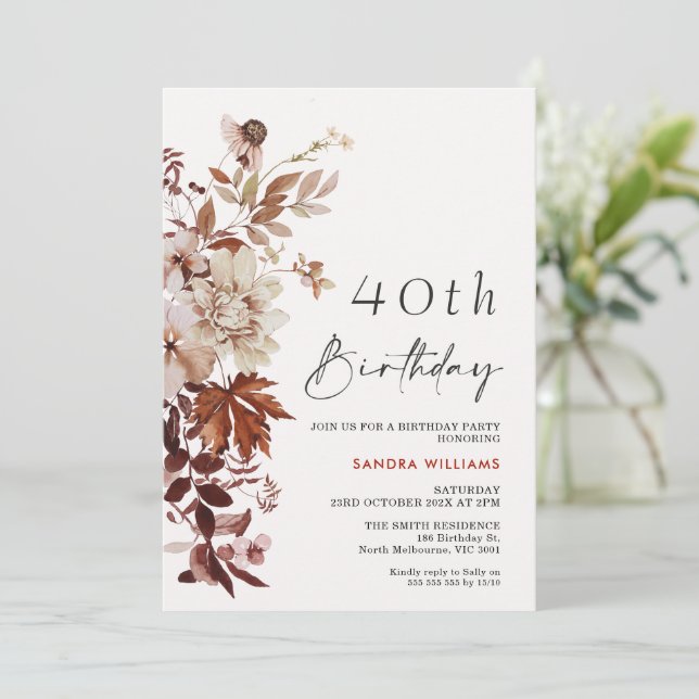 Fall Brown Beige Floral 40th Birthday Invitation (Standing Front)