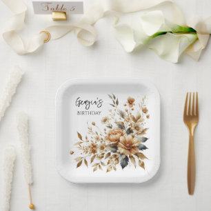 Fall Brown Floral Elegant Birthday Party Paper Plate