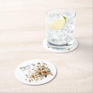 Fall Brown Floral Elegant Birthday Party Round Paper Coaster